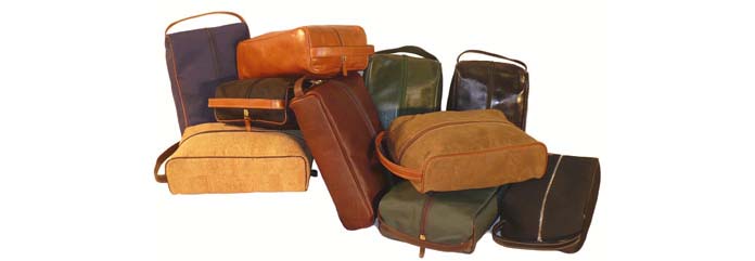 Assortment of rich grain leather, cork, suede and, ballistic nylon shoe bags